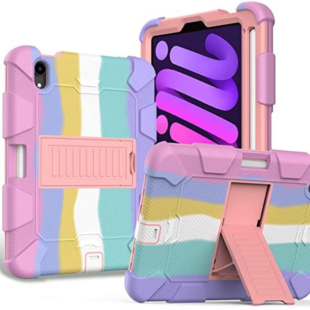 Anewone iPad Mini6 Case with Kickstand, Shock Rugged Shock-Proof - Colorful Pink