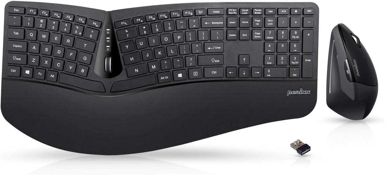 Periduo-605, Wireless Ergonomic Split Keyboard and Vertical Mouse Combo, Adjustable Palm Rest and Membrane Low Profile Keys, Black, US English Layout (11633)