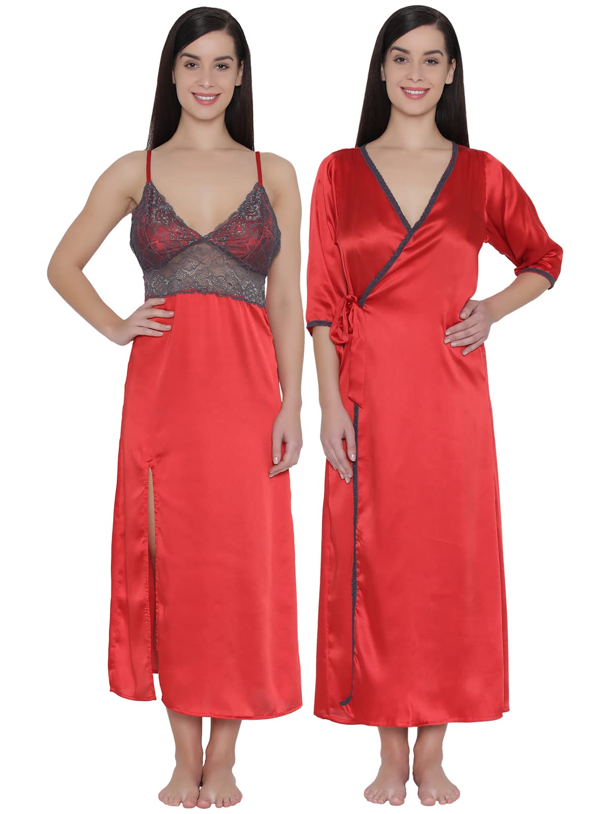 Women's Satin Spaghetti Night Dress & Robe in Red-image-41