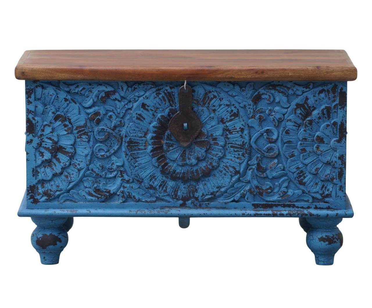 Wooden Storage Trunk, Carved Trunk, Coffee Table with Storage, Center Table, Deccorative Box, Blanket Box for Bedroom, Carved Floral Design, Blue Distressed Finish, Vintage Bohemian Style.-image-40