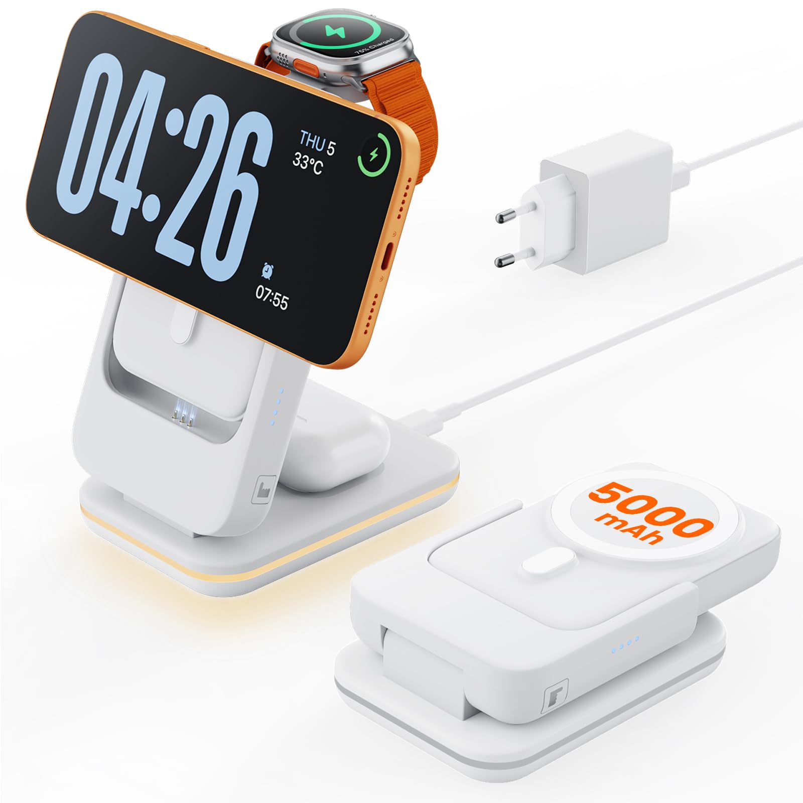 GEEKERA Chargeur magnétique sans fil 3 en 1 avec batterie externe, AP05-05, blanc