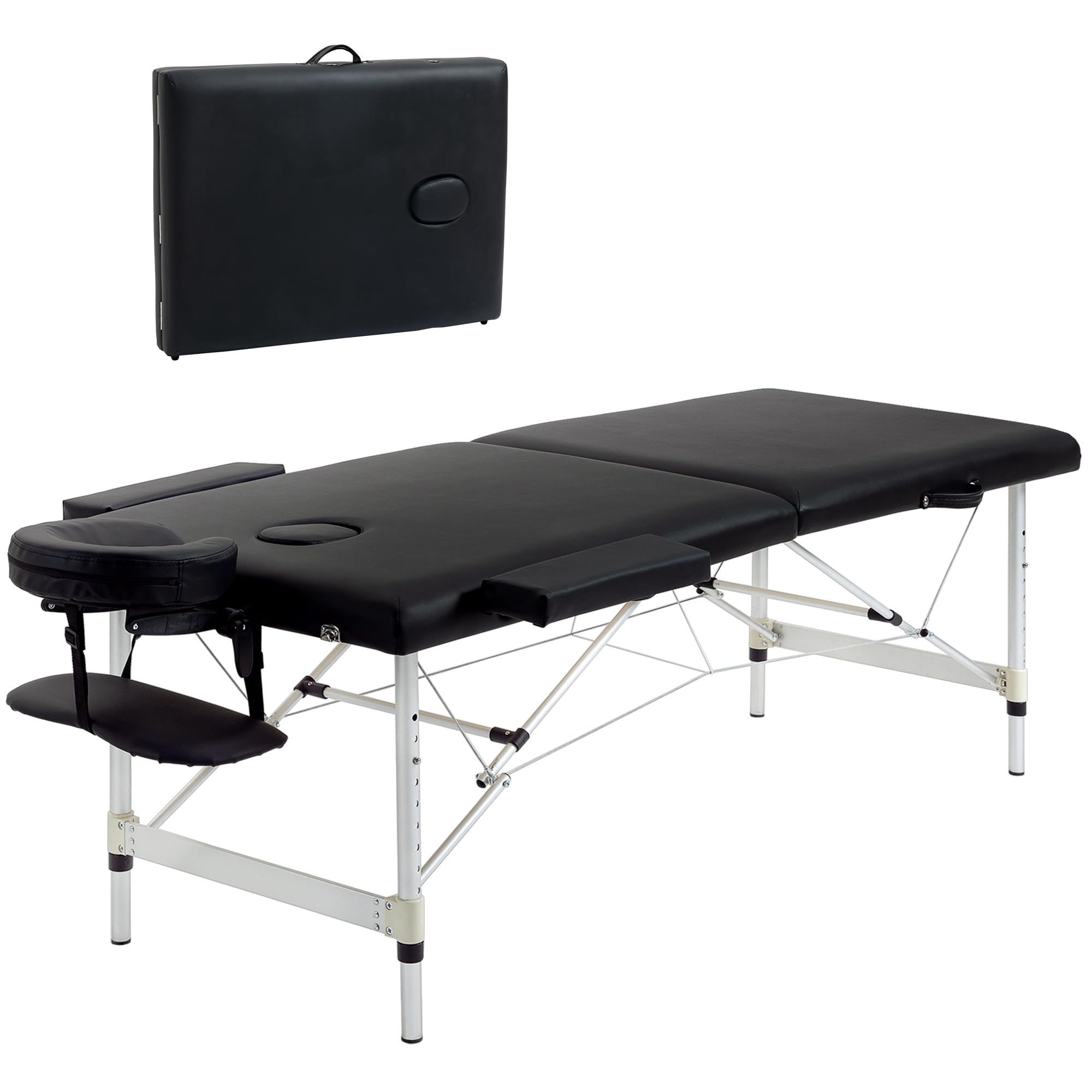 HOMCOM Massageliege 2 Zonen Massagebank Massagetisch 90cm Breit Schwarz | Mit Kunstleder, Kopfstütze, Armlehnen, Tasche, Höhenverstellbar, Bis 225 kg Belastbar