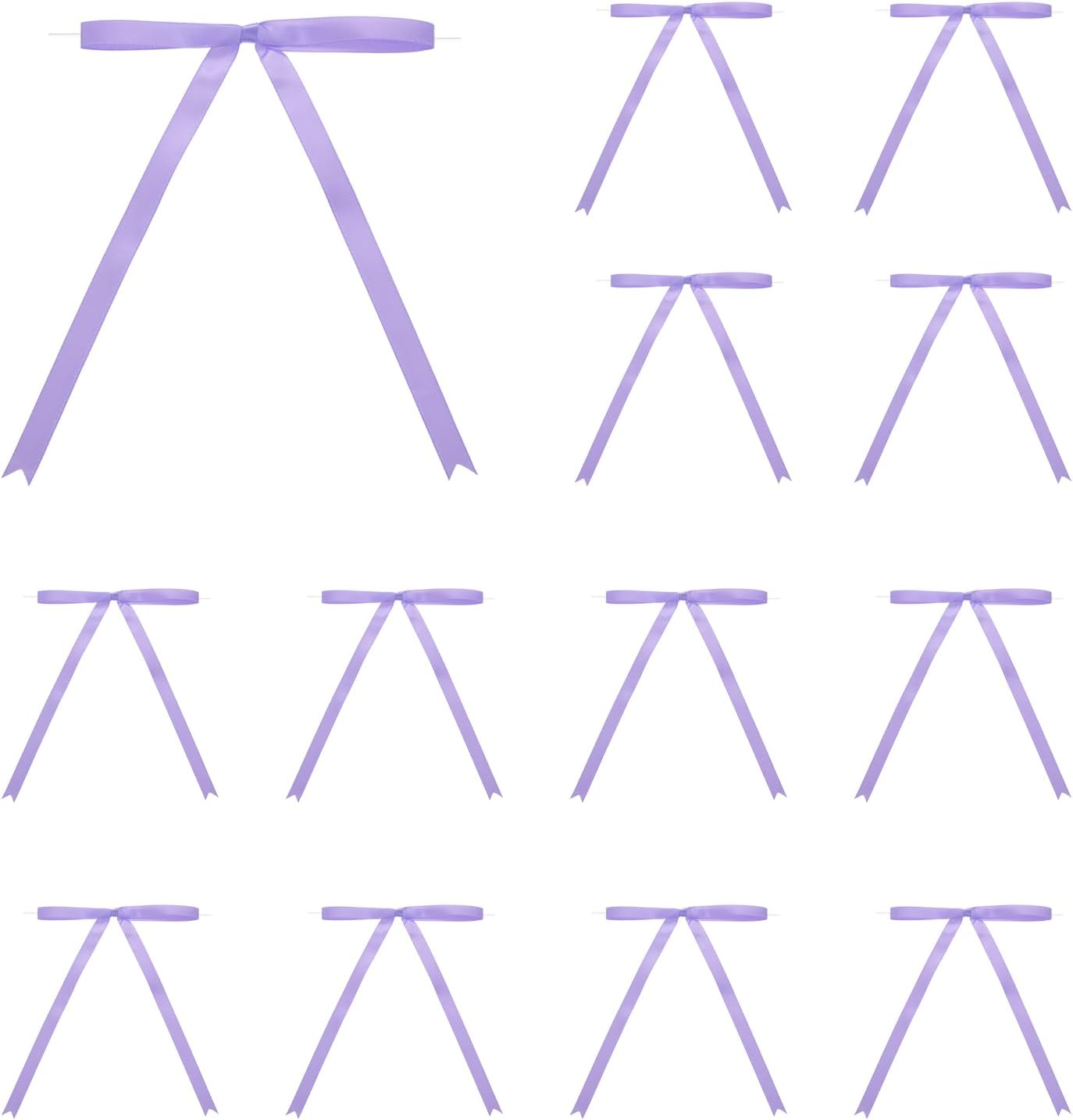 MECCANIXITY 50 Pcs 5x7 Twist Tie Bows Satin Ribbon Bows Wrapping Bows for Craft DIY Sewing Wedding Decor Birthday Party Treat Bags Light Purple