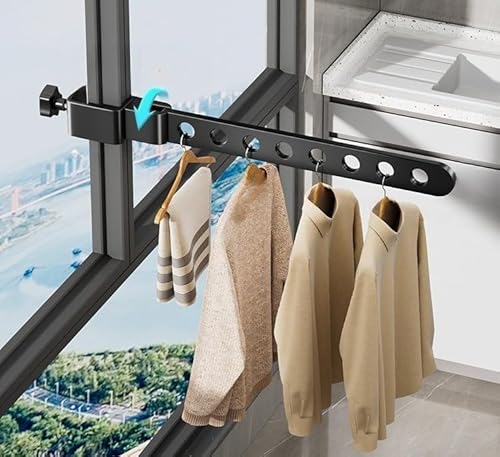 BRZU 2個 アルミ製物干しラック、折りたたみ式、8つの穴、スペースアルミクリップスナップオンガードレール窓枠盗難防止窓乾燥パンチなしポータブル、窓、バスルーム、バルコニー、寮、屋内での使用に適しています (回転可能,ブラック)