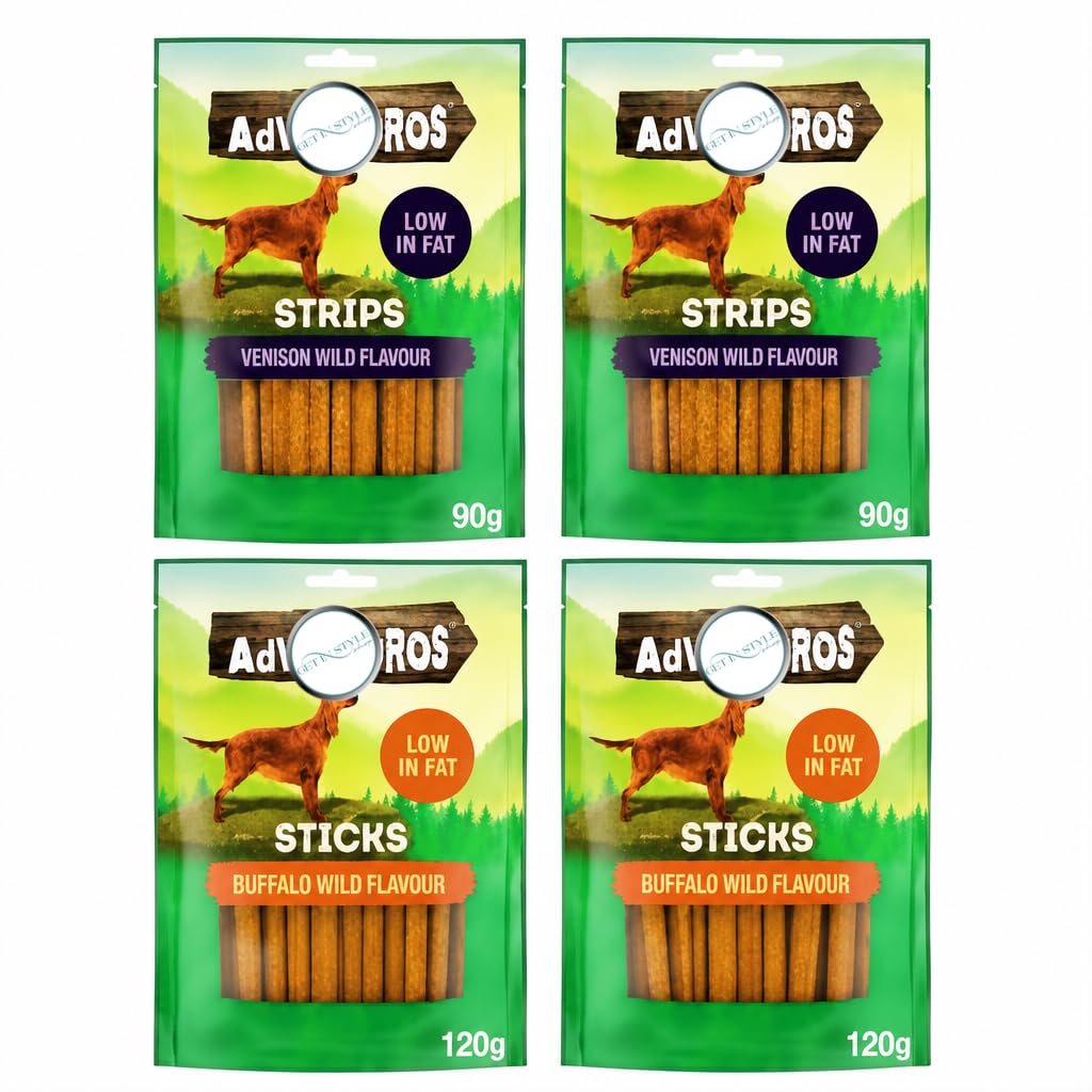 2x 90g Venison Wild Strips and 2x 120g Buffalo Wild Sticks Dog Treats