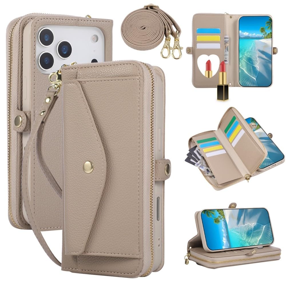 Étui iPhone Xs kaki avec portefeuille zippé et bandoulière réglable - 8