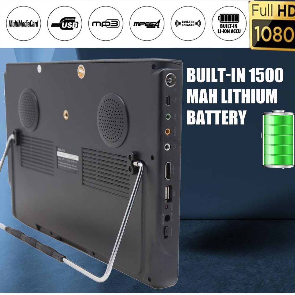TV Digital Portátil con batería de 1500 mAh,12 pulgadas 1080P MINI TV DVBT/T2 Sintonizador,Batería incorporada,12v carga coche,Freeview TV al aire libre,en coche.