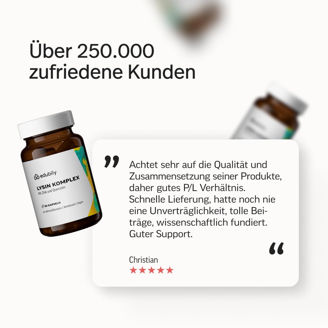 edubily® Lysin Komplex – 400 mg L-Lysin + 50 mg Quercetin + 1 mg Zink pro Kapsel – vegan, Made in Germany, ohne Zusatzstoffe – 90 Kapseln