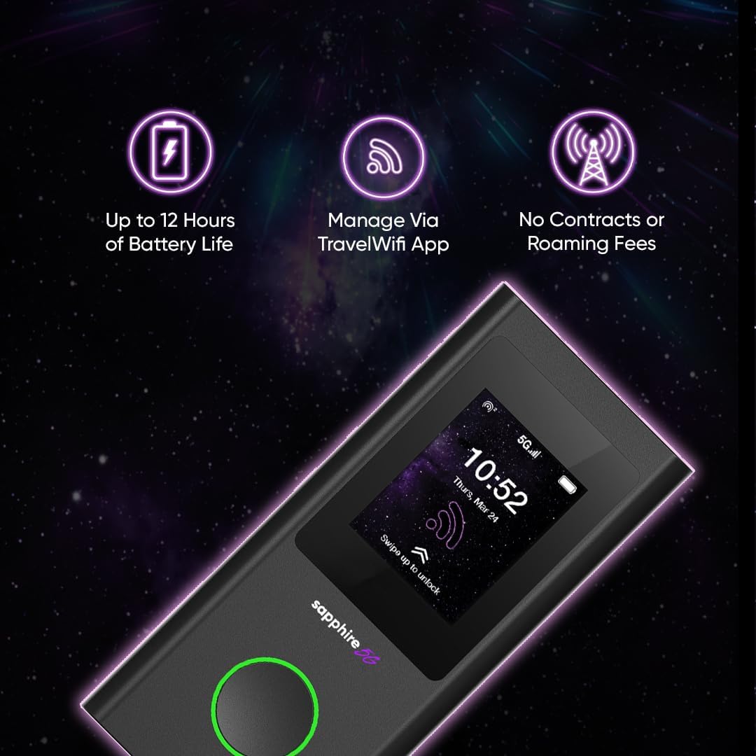 TravelWiFi Sapphire 5G Mobile Hotspot, Portable WiFi Hotspot for Travel, CloudSIM Technology, Large Touch Screen, Network Congestion Monitoring, Preloaded 5GB Free Global Data, Optional Sim Card Slot