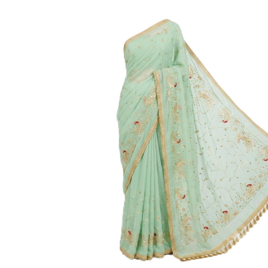 Mint Green Saree with Sequin Floral Work & Peacock Motifs-image-49