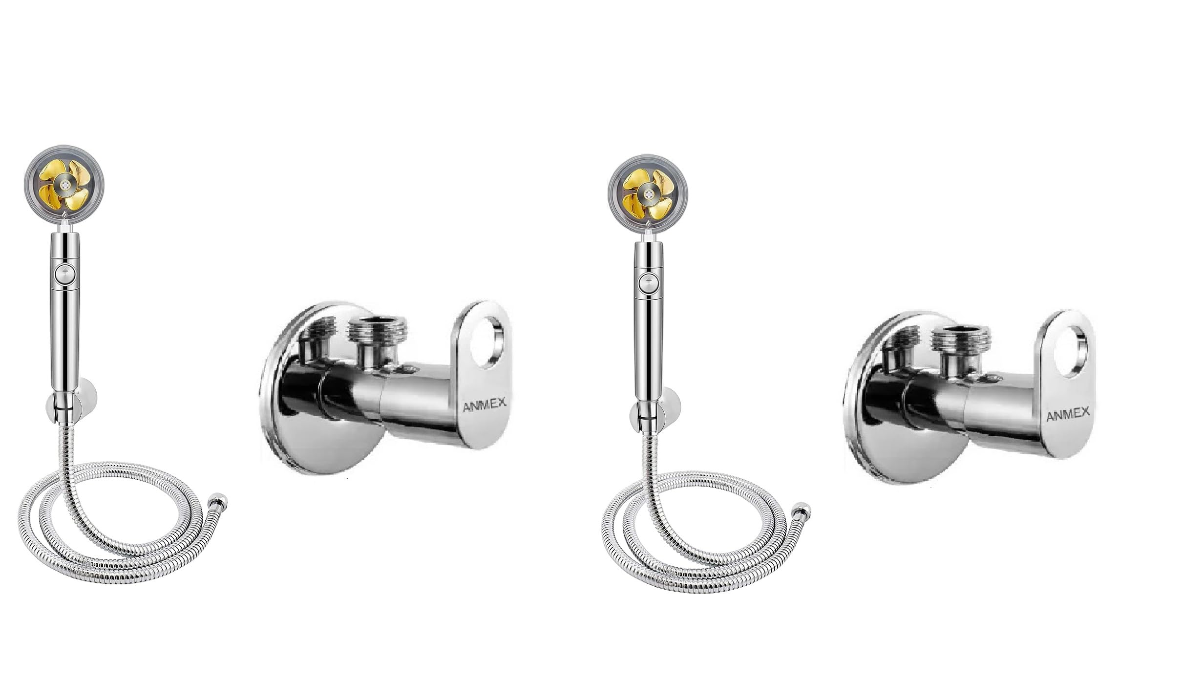 ANMEX® Premium 360 MAXX High Pressure Fan Hand Shower Complete Set With 1.5Mtr Hose Pipe And Holder For Bathroom WITH MAXX Stainless Steel Angle Valve & Wall Flange - PACK OF 2