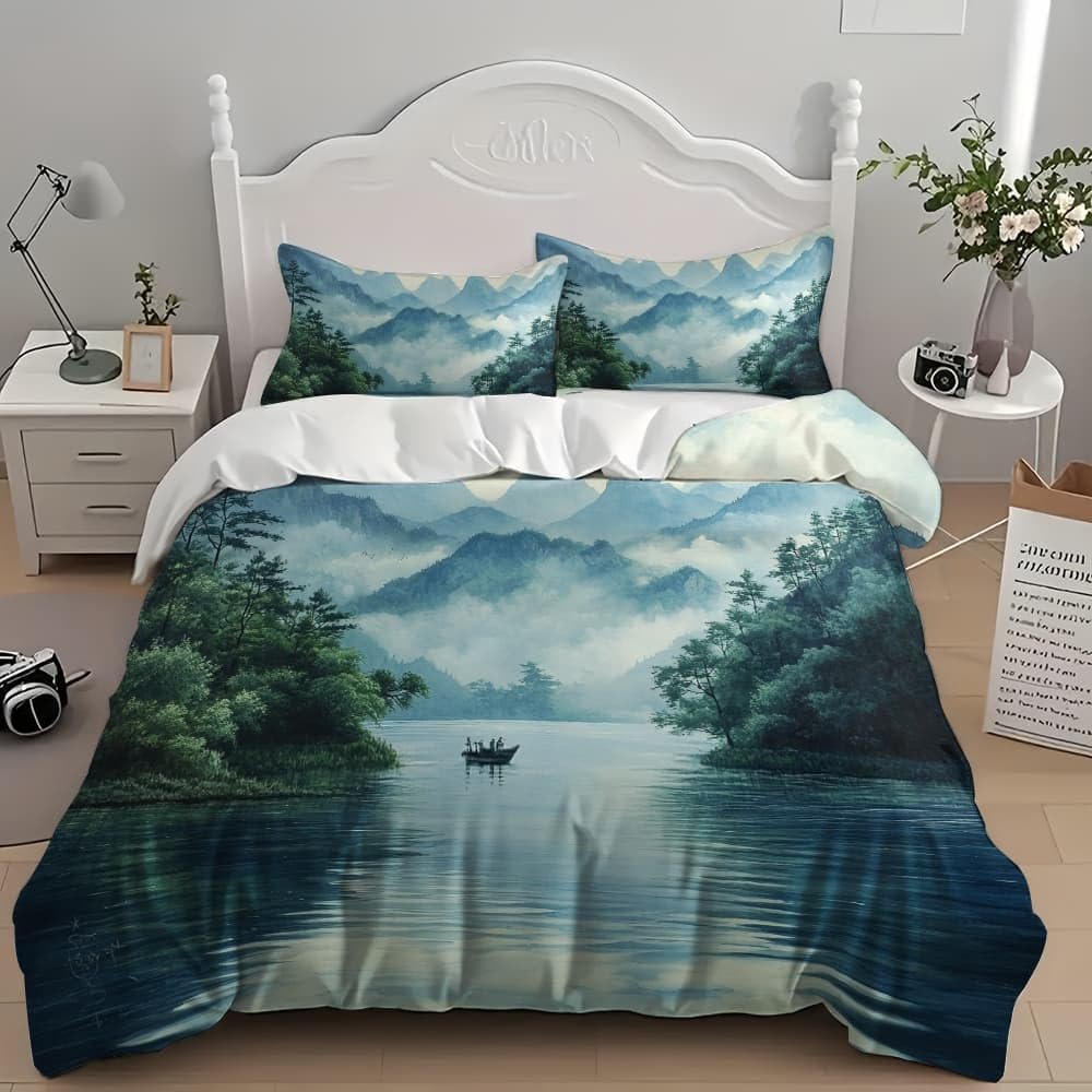 3-częściowy komplet pościeli z chińskim malarstwem krajobrazowym, 200 x 200 cm, miękka poszewka na kołdrę i 2 poszewki na poduszkę 80 x 80 cm, nie wymaga prasowania i blaknięcia, zestaw dla rodzin