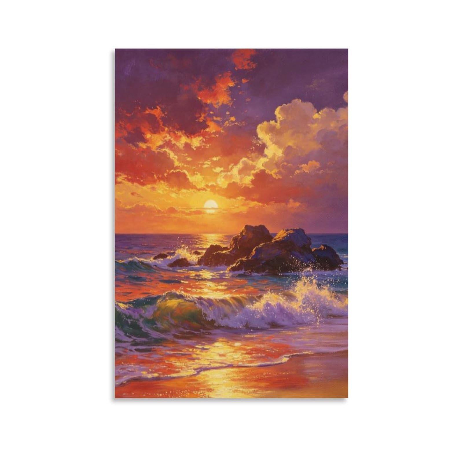 IEJKLUVWX Fiery Rock Coast Dusk Wall Posters Blazing Cloud Shore Premium Canvas Easy to Install High Definition for Above Bed Sofa Background Office Worker Unique 20x30inch(50x75cm)