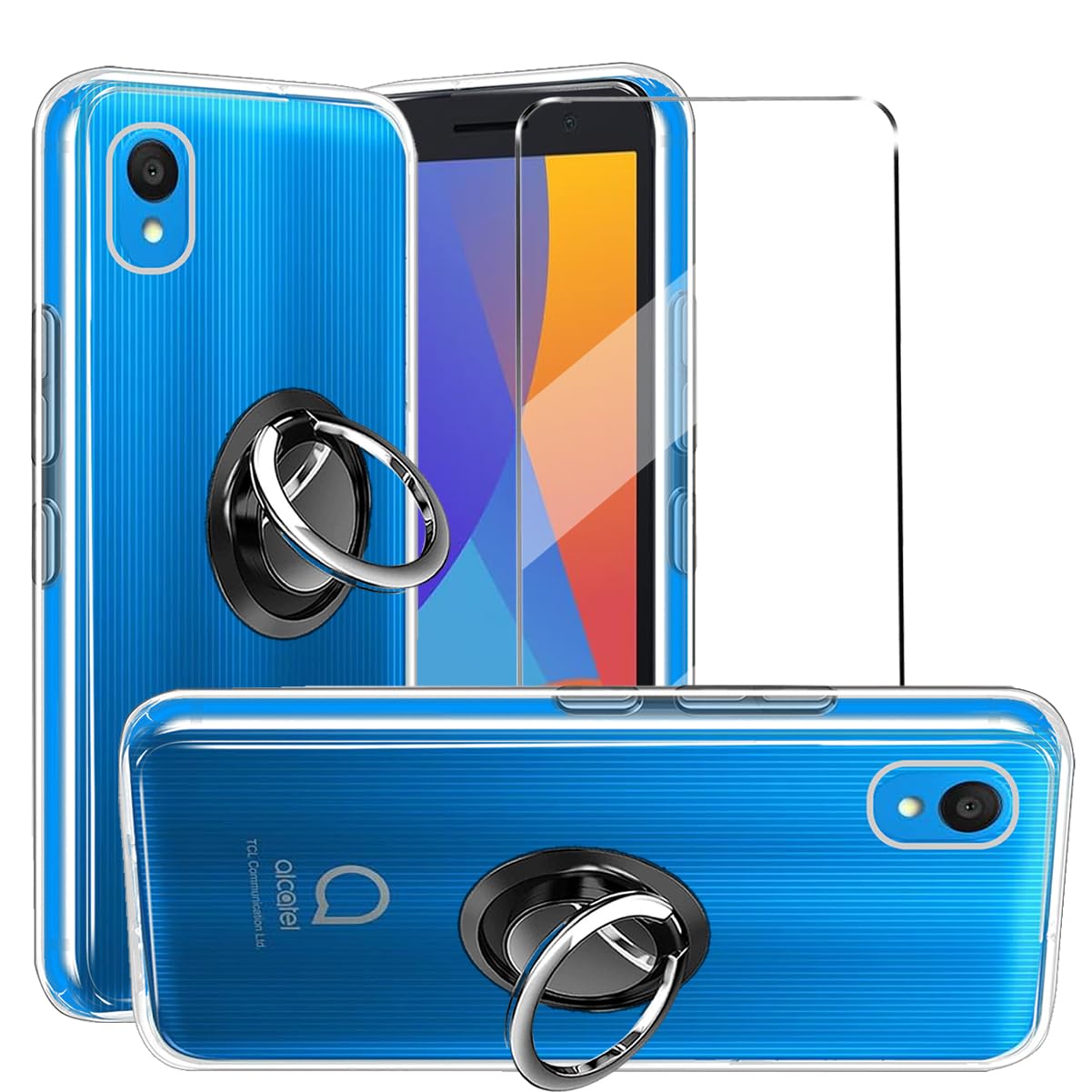 3-in-1 Case + Phone holder Ring Compatible with Alcatel 1 2021 Cover with 1 Pack Tempered Glass Screen Protector for Alcatel 1 2021