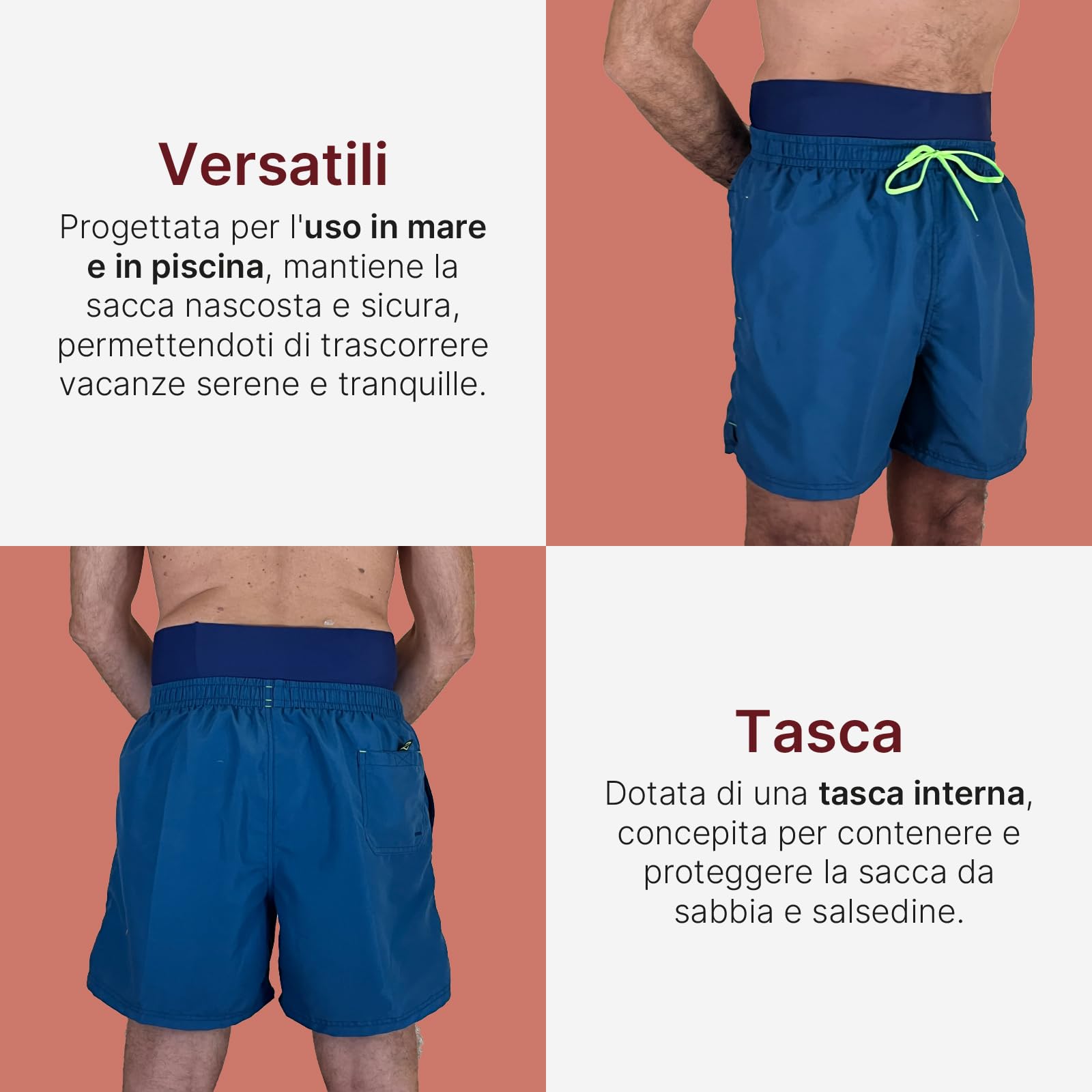 Fascia Costume per Stomia da Uomo per Mare e Piscina, Tasca Interna per Contenere la Sacca, Made in Italy