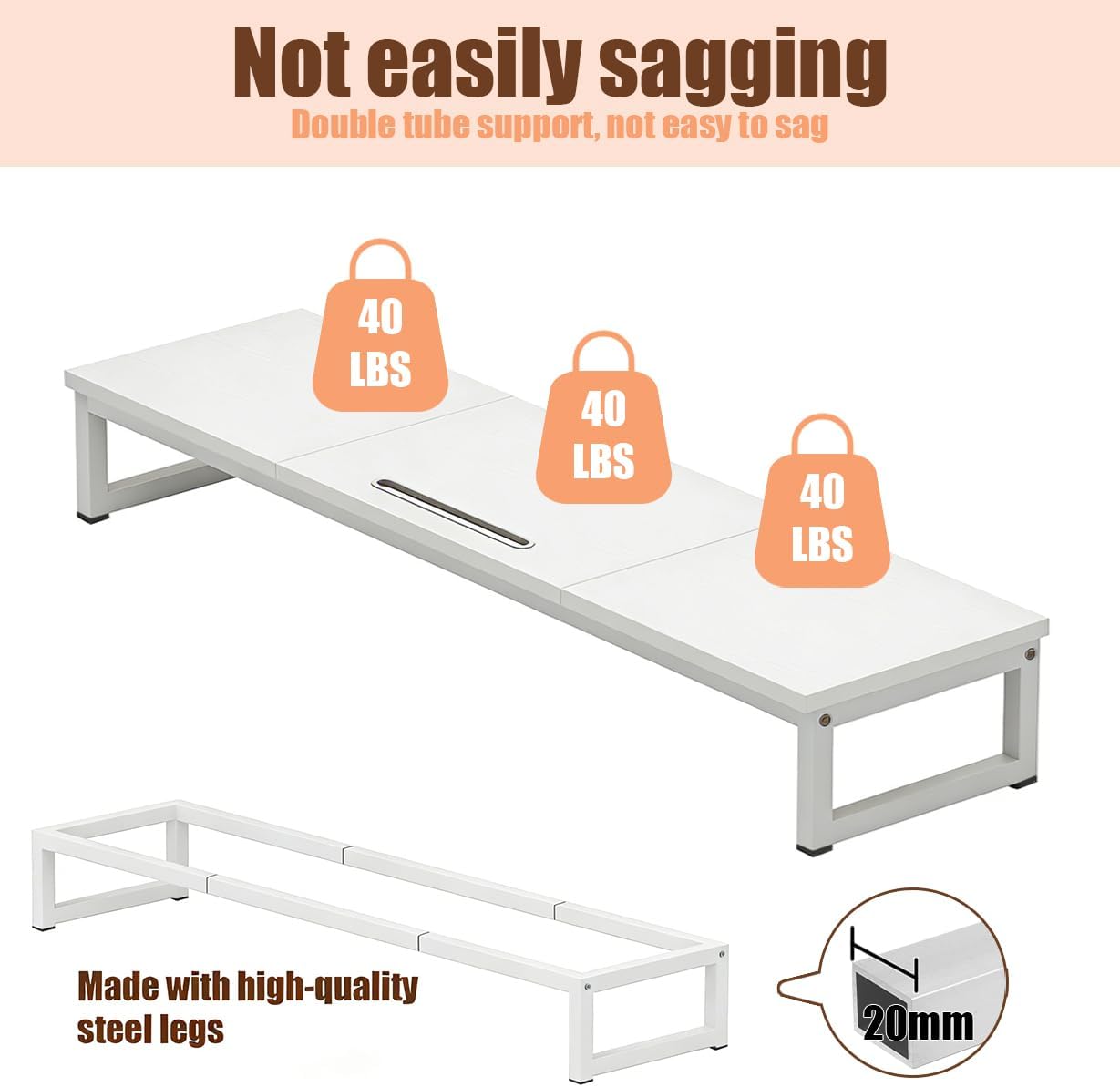 Dual Monitor Stand Riser, 38.7'' Long Wood and Steel Monitor Stand for 2 Monitors, Ergonomic Desktop Organizer with Tablet Stand for Computer,Laptop,TV (White)