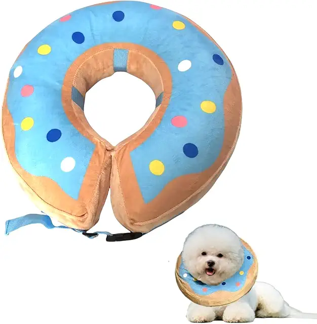 Small Bean Inflatable Dog Collar - Soft Protective Recovery Pillow for Large Dogs (Blue Donuts, M)