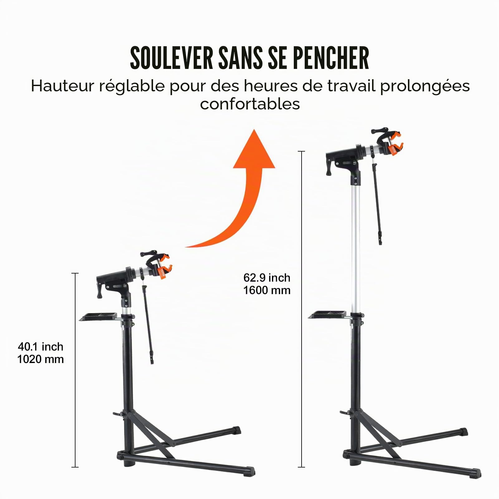 VEVOR Pied d'Atelier Vélo Pliable Charge 30 kg Support de Réparation de Vélo Aluminium Réglable en Hauteur Pince Pivotant 360° Stand de Bicyclettes avec Plateau à Outils Réparation Vélos Électriques