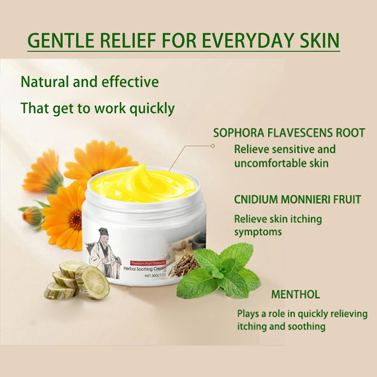 Herbal Body Care Cream - Relief Dry and Tight Skin, Fast Itch Relief, Natural Plant - Based Soothing Cream, Rich in Menthol, 1 FL oz