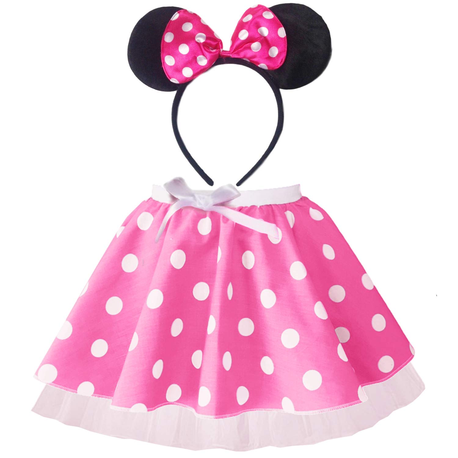 Minnie Mouse Women Tutu Skirt with Headband, Ears & Tail Costume - UK Sizes 8 to 28 - Red, Pink, Fancy Dress, Fun Run, Hen Party (18-20 (34'' Waist), Minnie Mouse Pink)