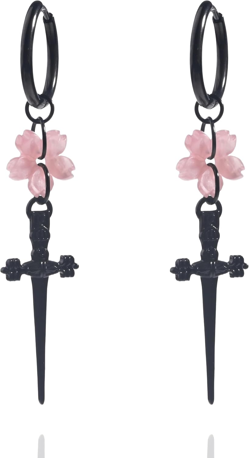 Gothic Halloween Drop Dangle Earrings For Women,Sword/Dagger 316L Stainless Steel Hypoallergenic Charm Jewelry Red Flower Punk Earrings Birthday For Women