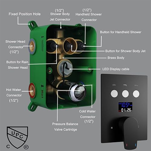 Miniatura 3 de Juego de grifo de ducha mezclador de lluvia con 6 chorros de cuerpo, cabezal de ducha cuadrado de 12 pulgadas con rociador de mano montado en la