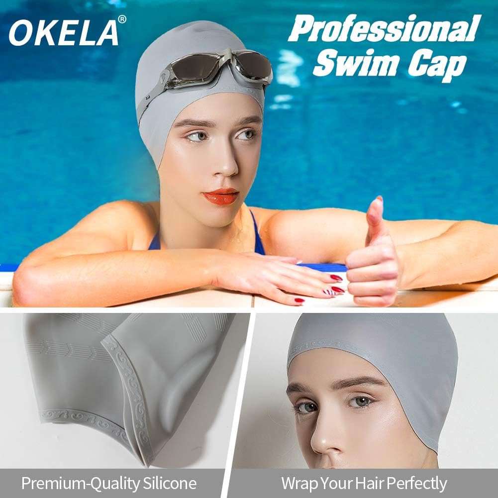 OKELA Silicone Solid Swim Cap,3D Ergonomic Design Comfortable Bathing Swimming Cap for Women and Men, Ideal for Short Medium Long Hair