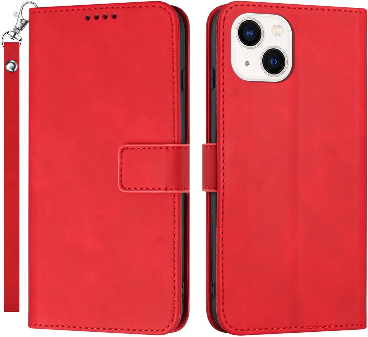 Flip Case for iPhone 14 Plus, PU Leather Wallet Case with Card Holders and Stand Function Wrist Strap Magnetic TPU Inner Shell Slim Stylish Protective Case,Red