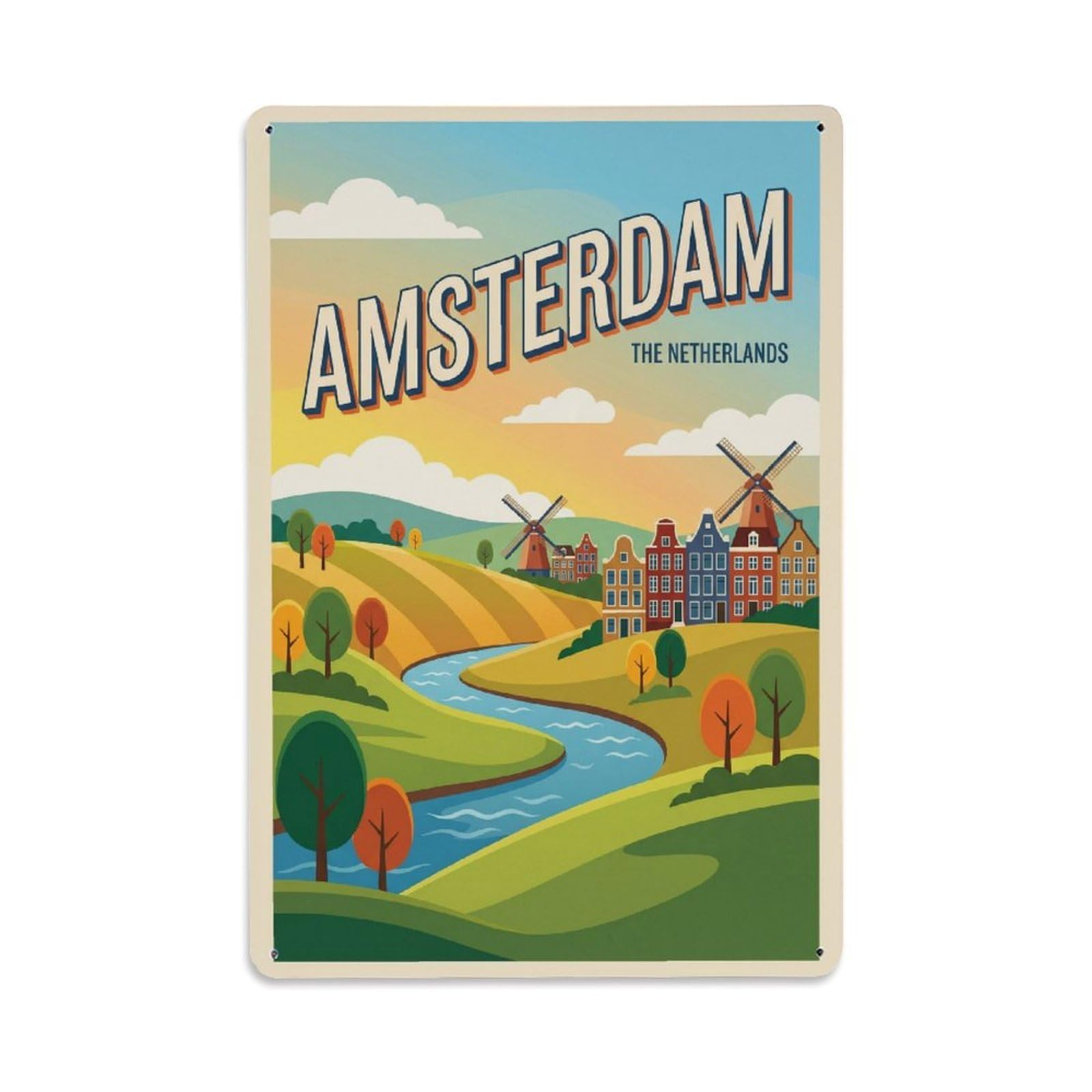Rolling Hillside Polder Amsterdam Vintage Rural Tourism Metal Tin Sign Plaque Wall Decor for Cafe, Man Cave, Club Bar, Office, Home Garden Round Metal Poster 8x12Inch