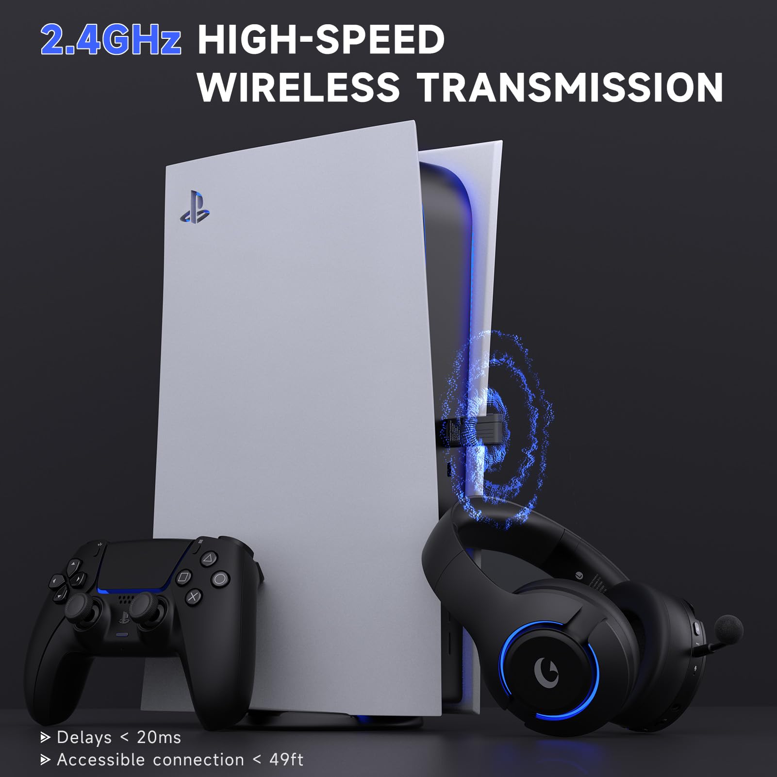 syndesmos Cuffie wireless per PS5, 2,4 GHz, per PS5, PC, Switch, cuffie Bluetooth 5.3 con microfono a cancellazione del rumore, suono surround 7.1, bassa latenza, batteria 45H, colore nero