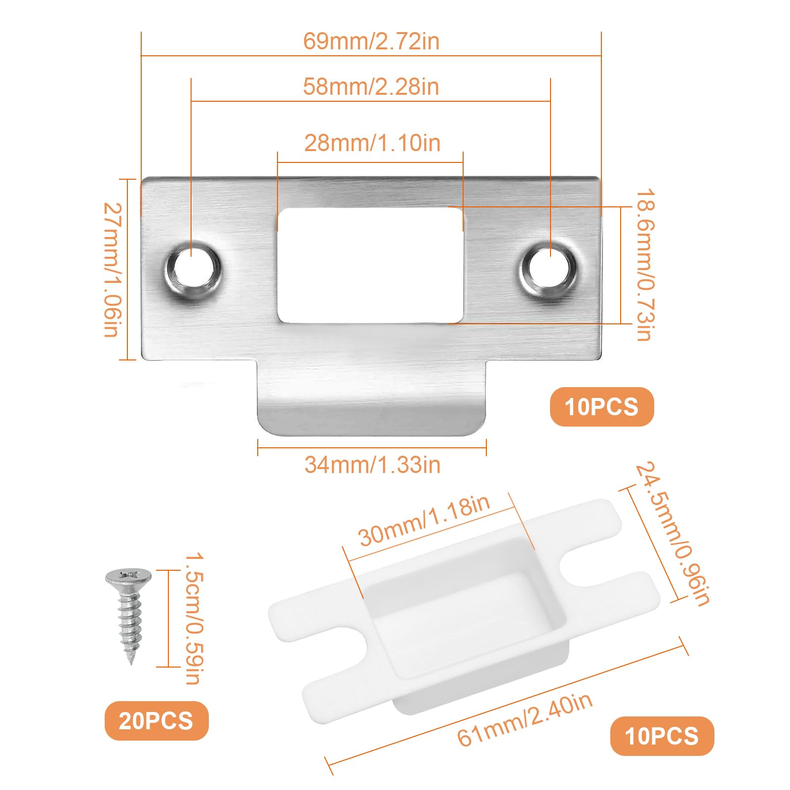 10 Pcs Door Strike Plate Set, Door Latch Plate for Internal Doors Stainless Steel Doors Catch Plates with Dust Box and Matching Screws - Image 2