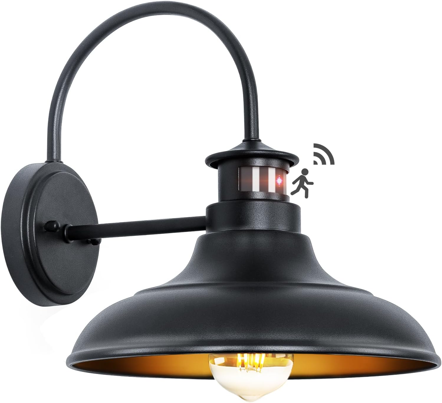 Motion Sensor Outdoor Barn Lights – Dusk to Dawn Farmhouse Gooseneck Barn Light, 12″ Large Black Porch Light Fixture Wall Mount, Exterior Wall Lighting Fixture for Garage Patio Doorway, 1 Pack