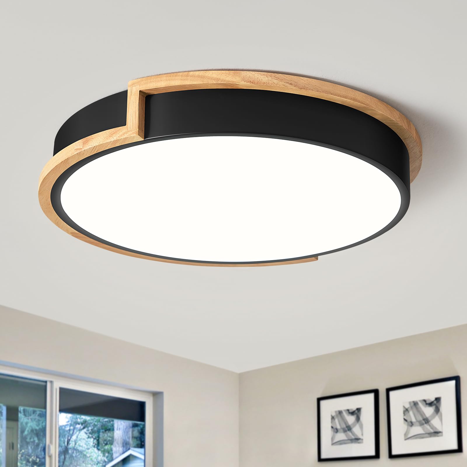 Vikaey Plafon LED Techo, Plafon de Techo Negra de 40cm, Lámpara de 36W con Madera para Dormitorio,Sala de estar, Comedor, Cocina, Pasillo, 4000K