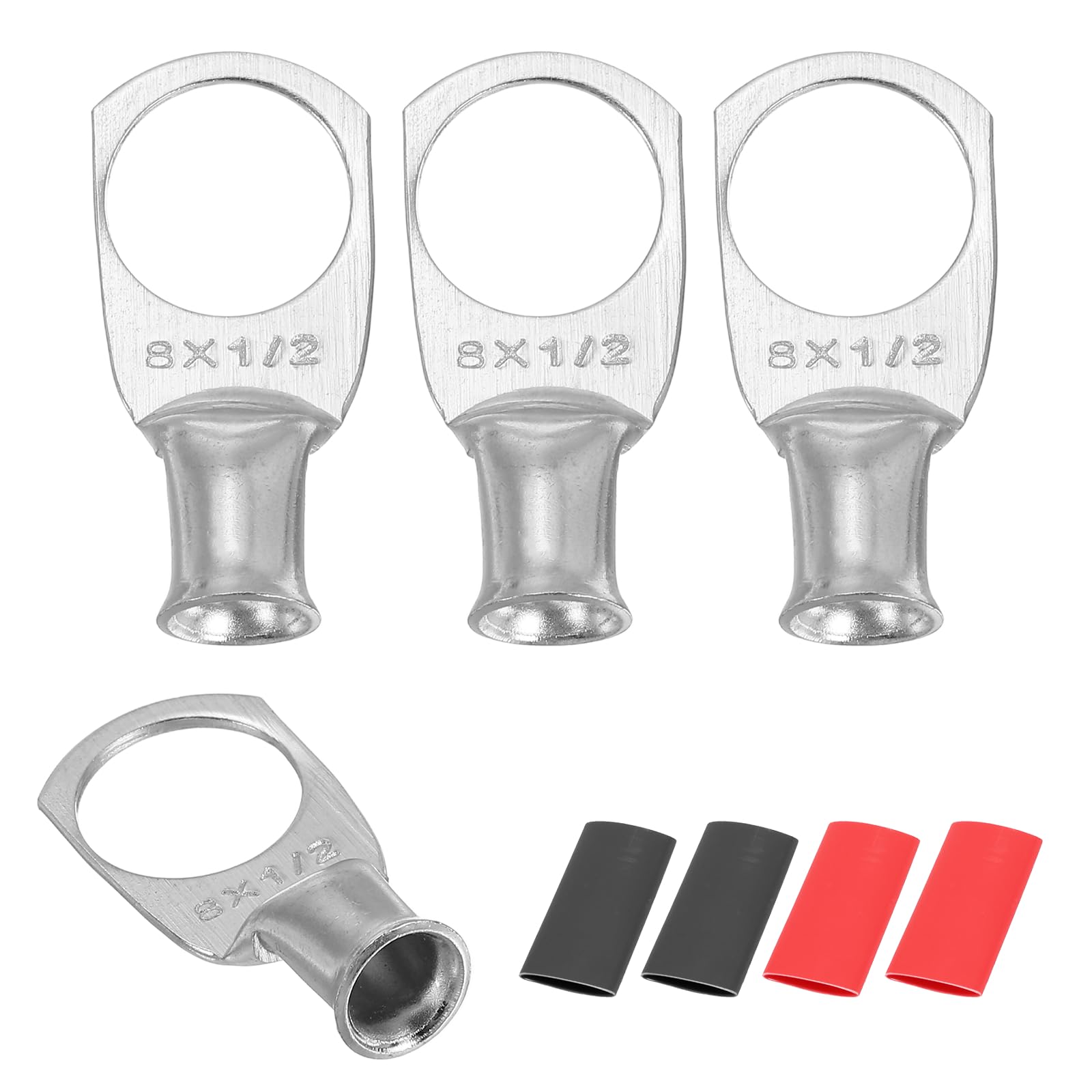 sourcing map 4pcs 8 AWG M12 Battery Lugs Ring Terminals, 1/2" 12mm Stud Crimp Wire Terminal Connector End Copper, 2:1 Heat Shrink Tubing, Silver