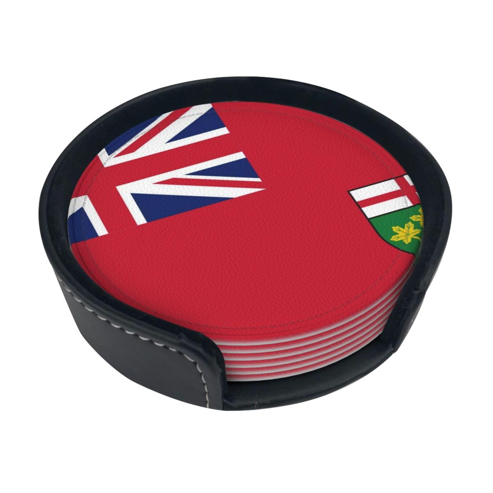 Ontario Flag Leather Coasters-Set of 6 with Storage Holder