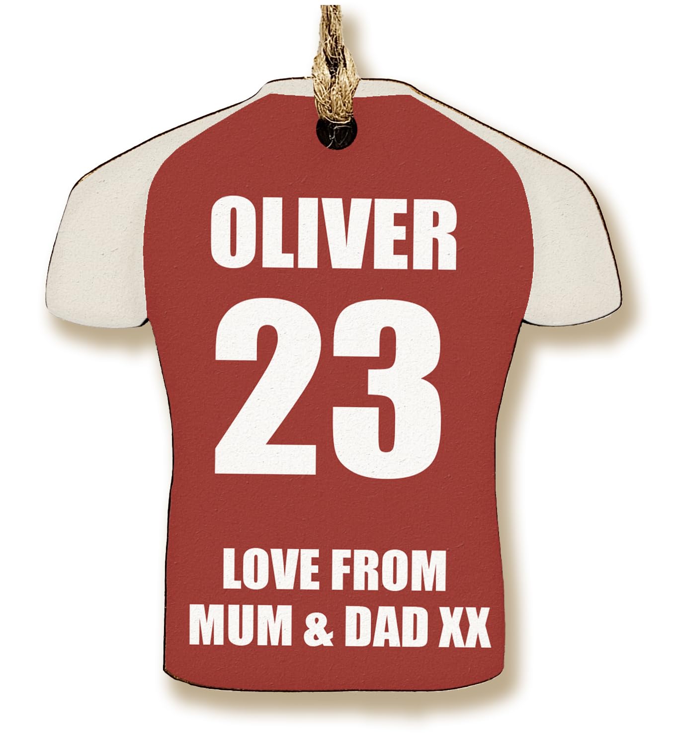The Plum Penguin Customisable Football Shirt-Shaped Gift Tag Personalised MDF Dad Grandad Keepsake Name and Number Team Colours Footy Fan (Red + White Sleeves)
