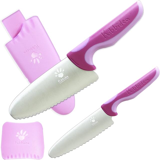 Kibbidea Kids Knife for Real Cooking, Round Tip, Stainless Steel Kitchen knife for kids, Serrated Edge, BPA-Free Kids Safe Knife (Purple, 2pc)