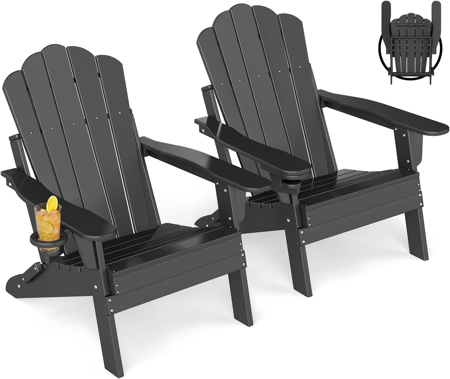 GREENVINES Oversized-Folding-Adirondack-Chairs-Set-of-2 | HDPE Plastic | Cup Holder | Fire Pit Chair | All Weather | for Outdoor Deck Backyard | Black