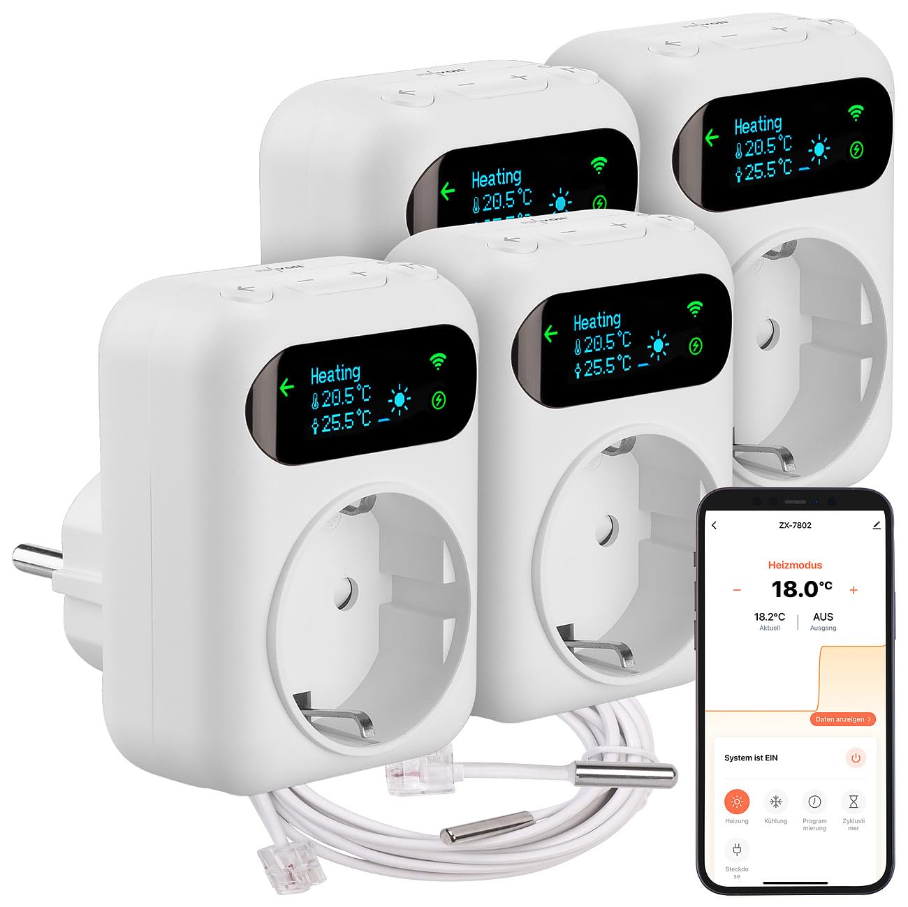 revolt WLAN-Thermostat Alexa: 4er-Set WLAN-Steckdosen-Thermostat, Heiz- & Klimageräte, App, Sensoren (Wireless Steckdosen, Steckdosenstecker, LAN)