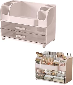 Makeup Organizer for Vanity, Makeup Organizer Countertop with Brush Holder and Drawers, Spacious Display Cabinet, Partitioned Top Compartment, Cosmetic Display Case for Beauty Essential Pink