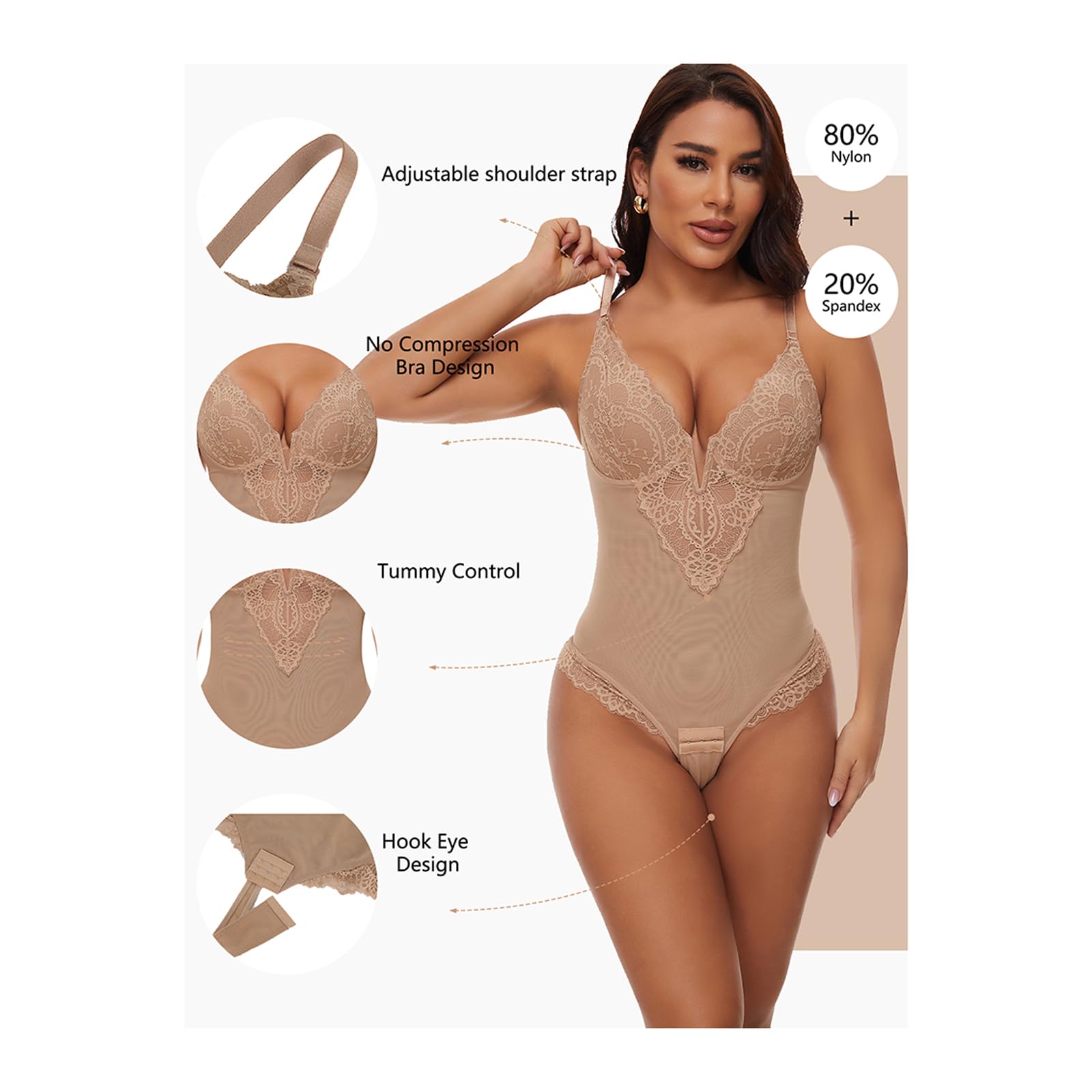 Body de Malla de Encaje para Mujer, Ropa Moldeadora con Control de Barriga, Cuello en V, Tangas, Ropa Interior, Monos de recuperación adelgazantes