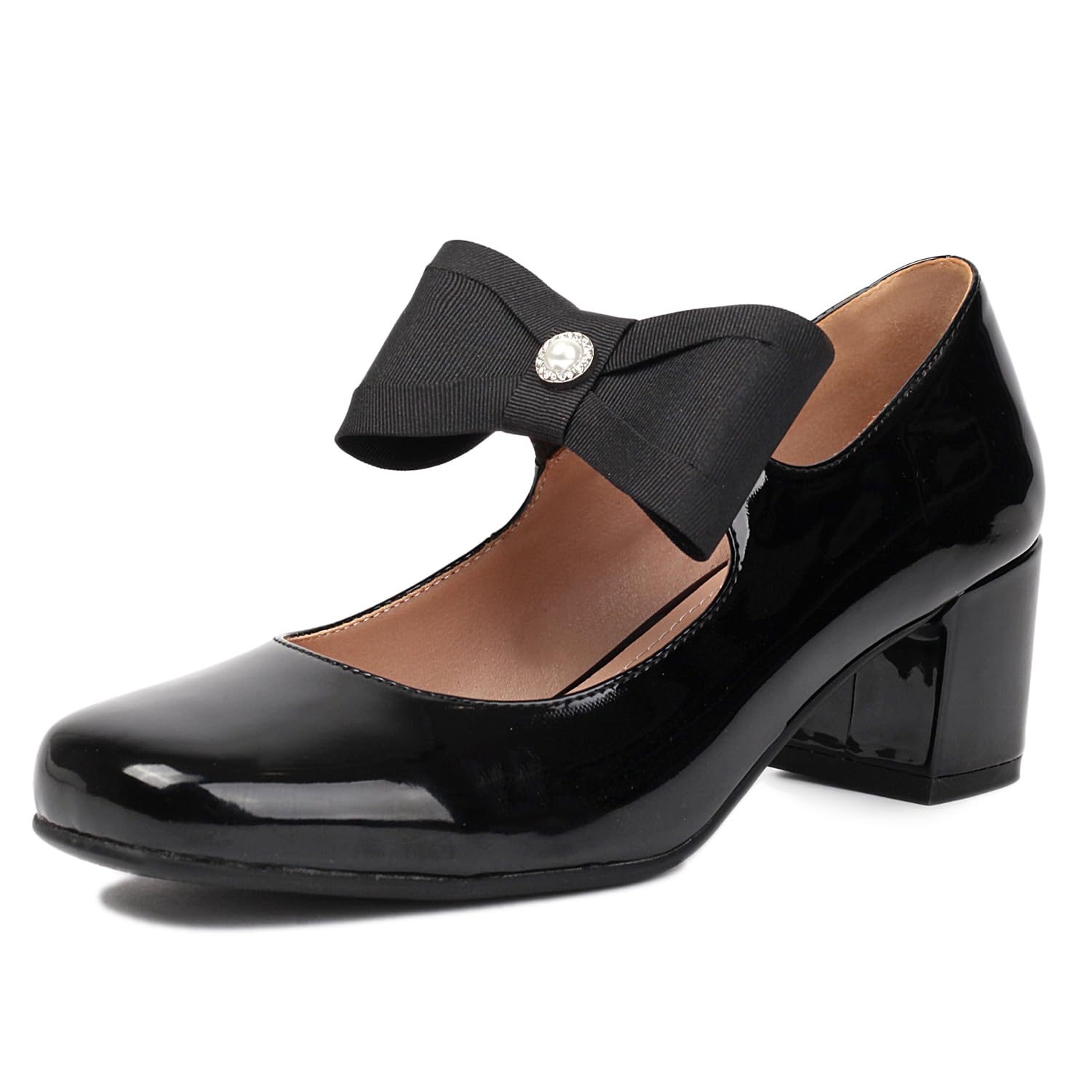 LatasaWomen's Bow Mary Jane Chunky Heel Pumps Low Block Heel Dress Shoes