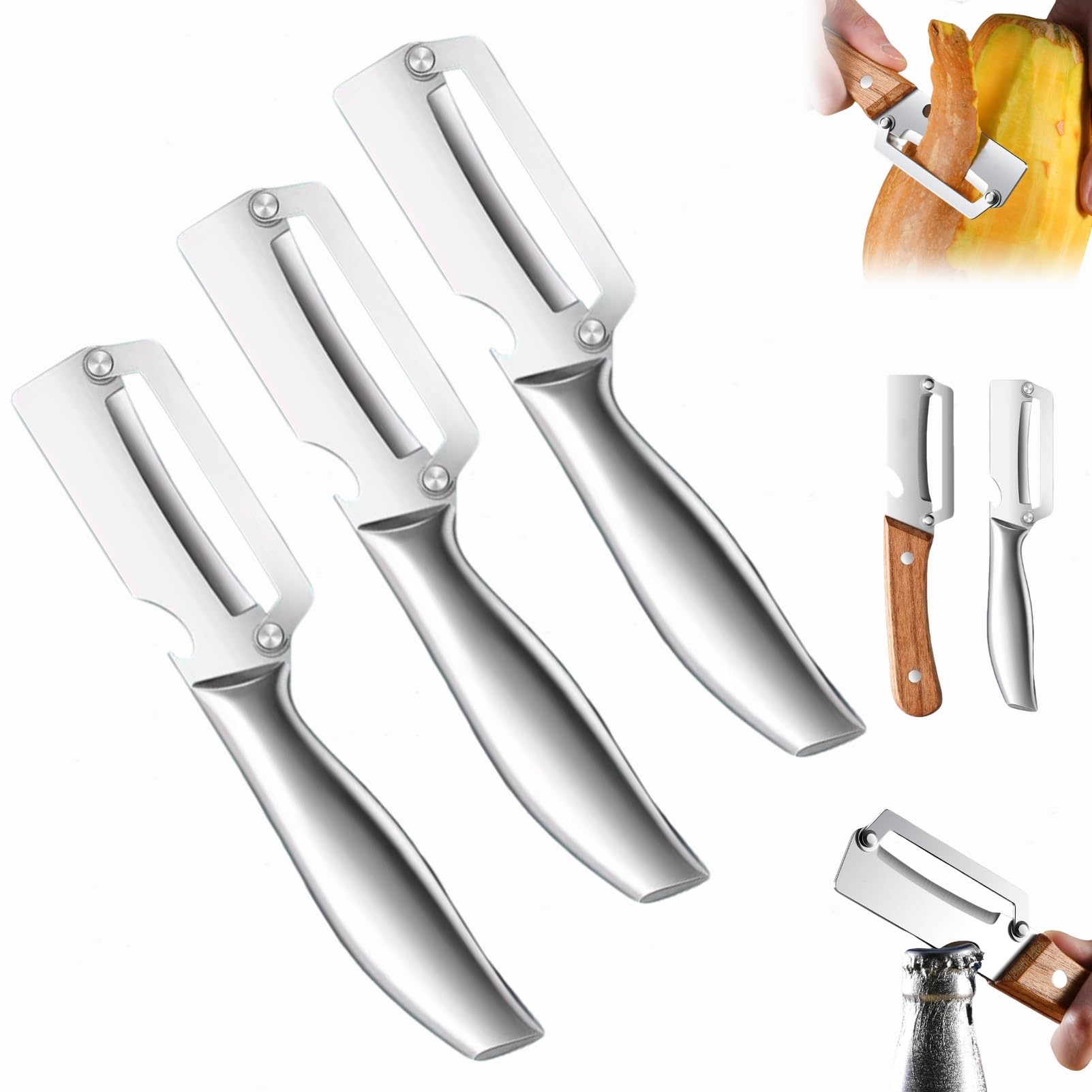 Multi-Functional Vegetable Peeler for Kitchen - Ultra Sharp Stainless Steel Blades, Julienne Vegetable Peeler with Wooden Handle and Bottle Opener, for Easy Potato, Fruit & Veggie Peeling (B-3pcs)