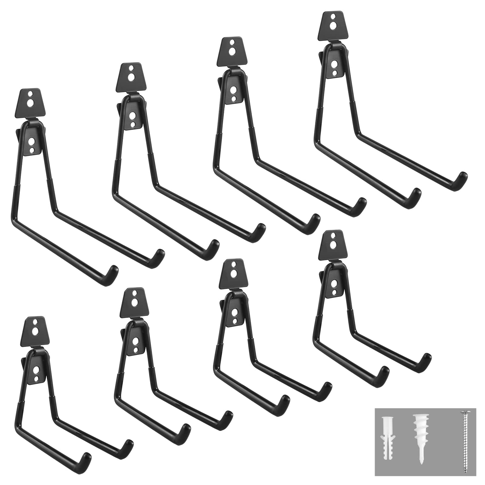 Garage Hooks for Hanging Heavy Duty, Embedded Welded Utility Hooks, 8 Pack Assorted Wall Racks, Storage Organizer Brackets for Shed Yard Tool Ladder Bike Hose Broom Mounting, with Screws and Anchors