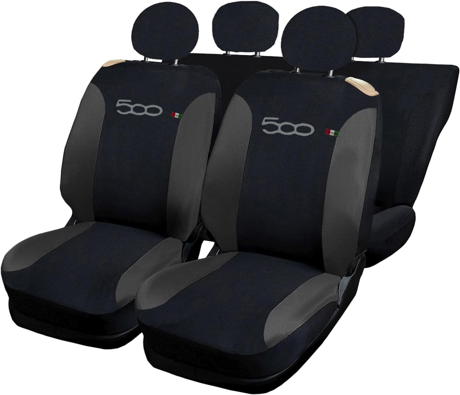 Rebeca Shop® Autositzbezüge kompatibel mit Cinquecento 500, hergestellt in Italien, Polyester-Baumwollgewebe, Set vorne und hinten (Schwarz/Dunkelgrau, hinten 50/50 mit Logo)