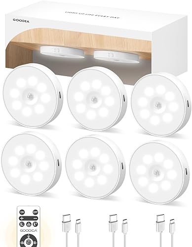 Luces LED para debajo del gabinete, luz recargable con sensor de movimiento, luces de disco de 1000 mAh con control remoto IR, luces debajo de la
