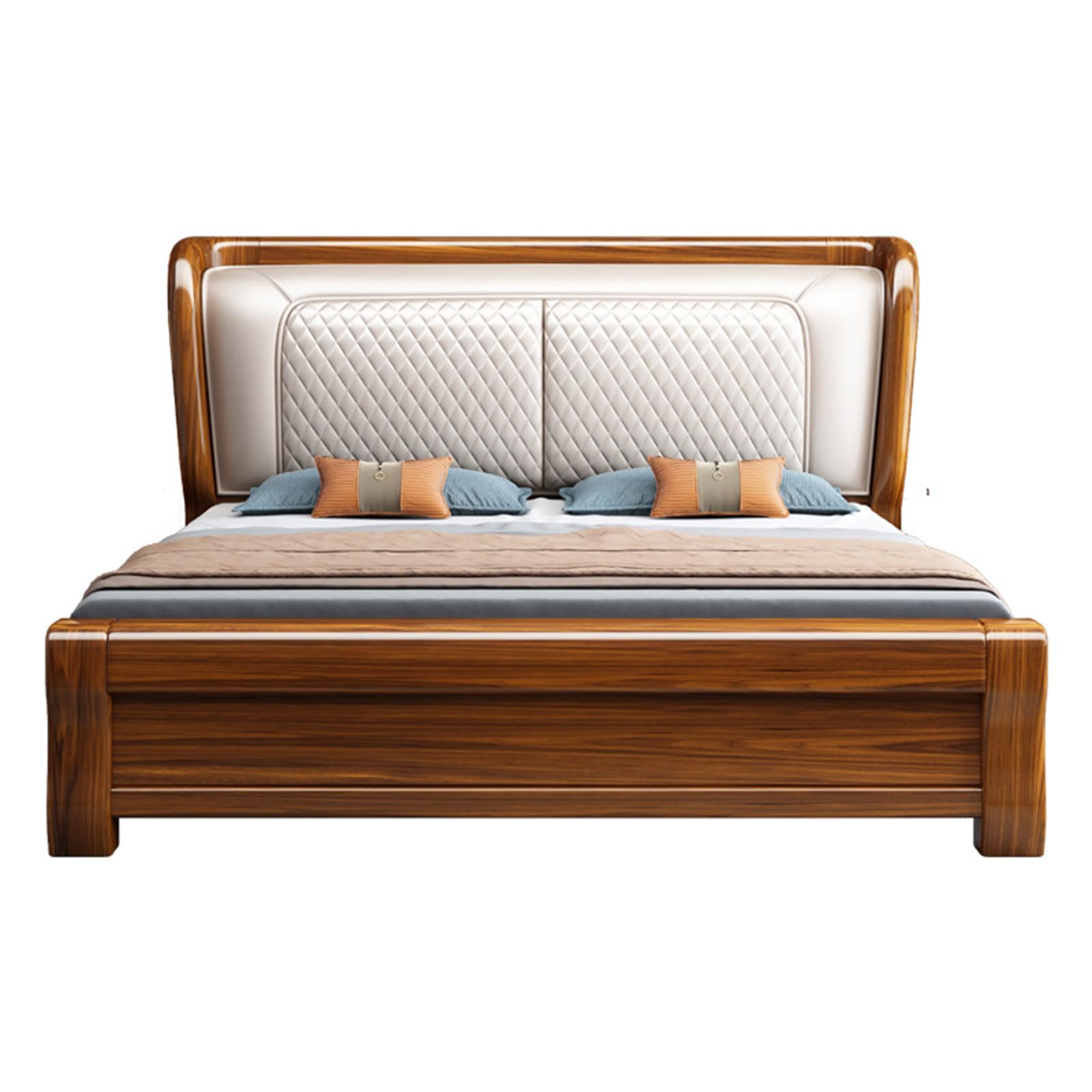 Mid-Century King Size Genuine Leather Wood Bed Storage Platform Bed Frame with Headboard and Storage Drawers Strong Wooden