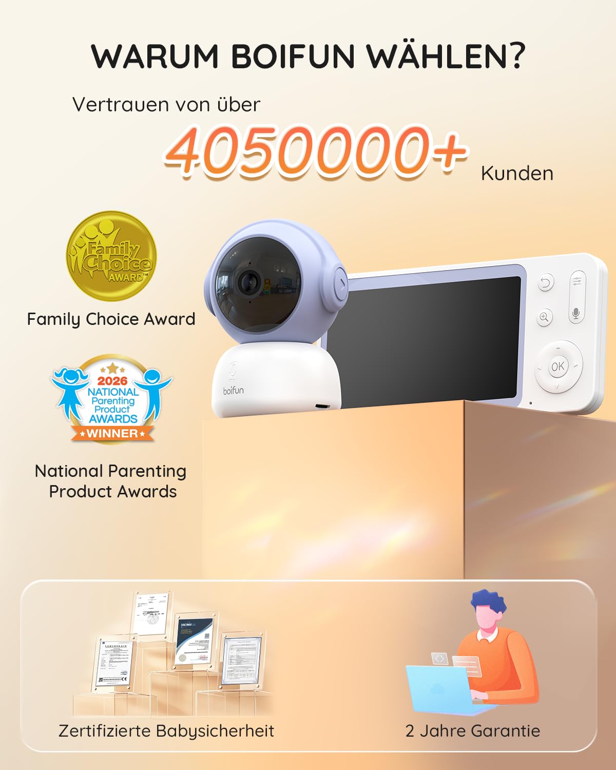 BOIFUN 2026 2K/3MP Babyphone mit Kamera WLAN, Nachtsicht ohne Sichtbares Licht, 5" Video Babyfon mit App, 360° Automatische Verfolgung, Weinen-, Bewegungs- und Geräuscherkennung, Temperaturerkennung