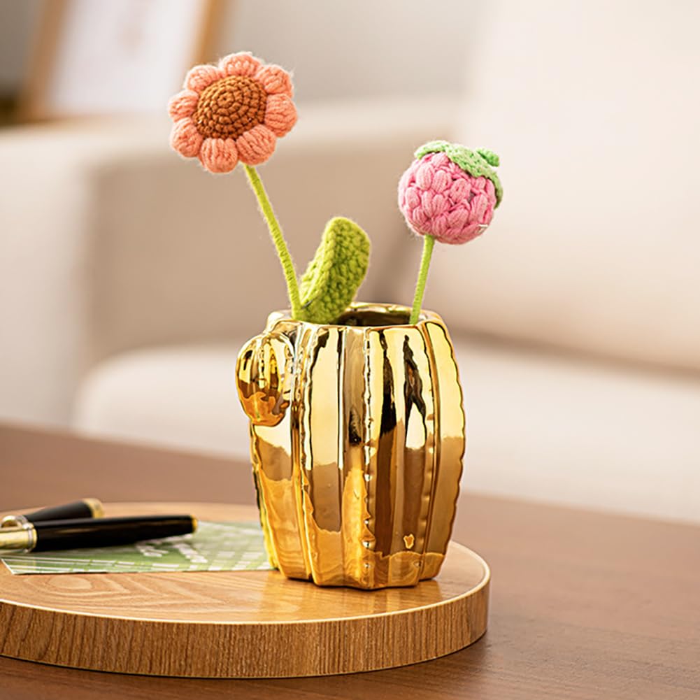 Złoty wazon ceramiczny, figurka kaktusa, na sukulenty, kwiat, dekoracja stołu, nowoczesna dekoracja domu, nordycki styl, sztuka, ozdoba, Boże Narodzenie, ślub, baby shower, rozmiar S