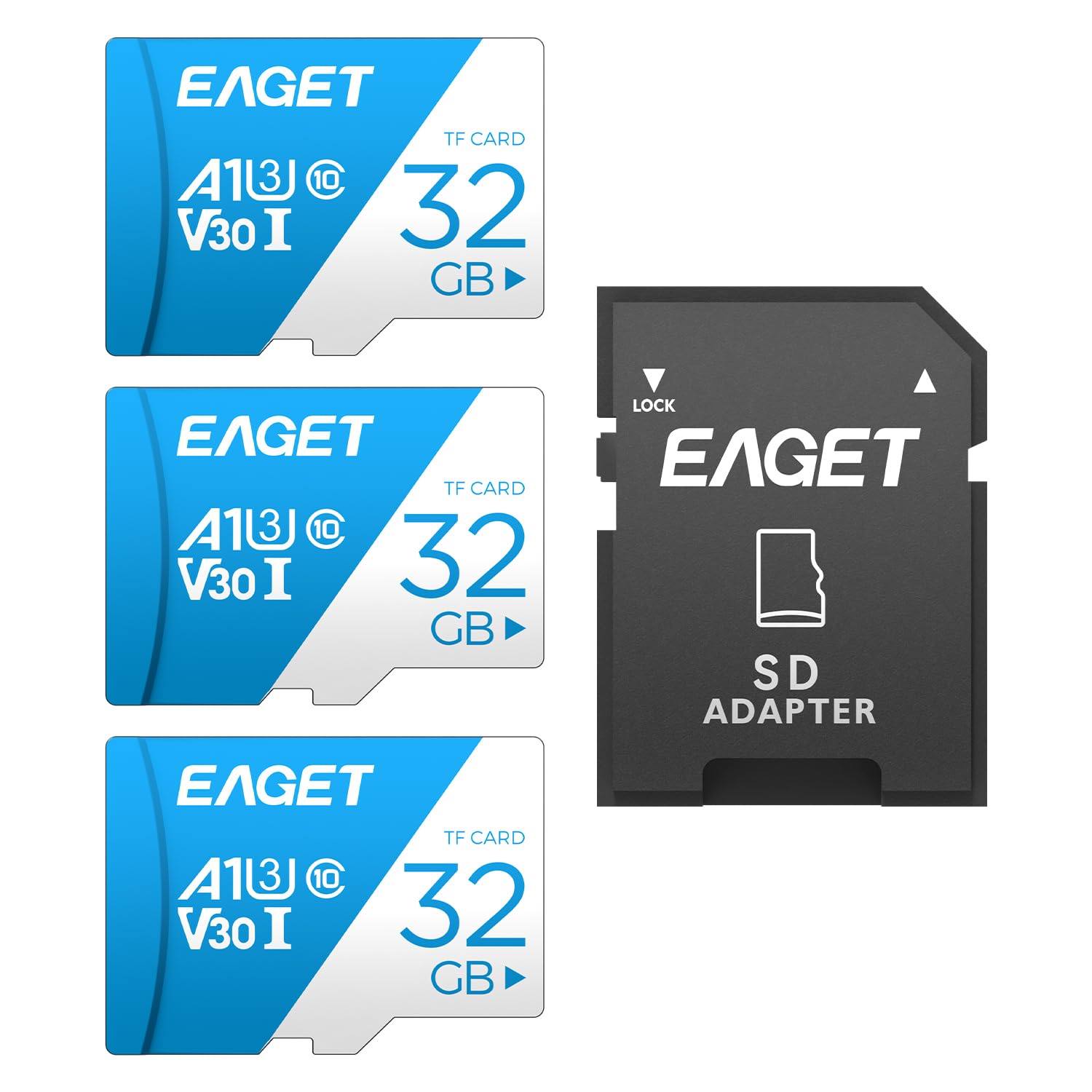 Lot de 3 cartes mémoire TF de 32 Go, classe 10 U3 V30, jusqu'à 90 Mo/s en lecture et 30 Mo/s en écriture, carte mémoire haute vitesse pour appareil photo numérique, caméra d'action, caméra embarquée